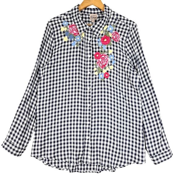 Womens Top Large Country Western Boho Embroidered Floral Plaid Button Down NWT - Picture 1 of 7